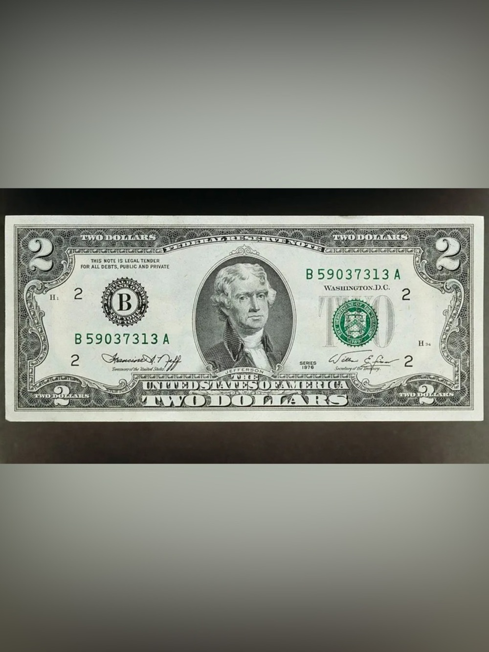 Vintage Two Dollar Bill with Thomas Jefferson - Green and White